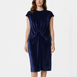 UNTTLD Velvet Midi Dress Women's 8 Navy Blue Ruched Cap Sleeve Cocktail Elegant